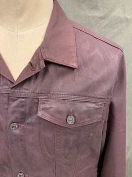Mens, Jean Jacket, 7 FOR ALL MANKIND, Red Burgundy, Cotton, Solid, XL, Coated, Button Front, Collar Attached, 4 Pockets, Long Sleeves, Button Cuff, Button Tabs at Back Waist