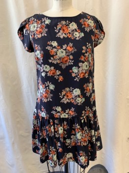 Womens, Dress, Short Sleeve, PINS & NEEDLES, Navy Blue, Green, Orange, Gray, Polyester, Floral, S, Pullover, Shift Dress with Pleated Hem, Inverted Pleat on Beck, Knee Length