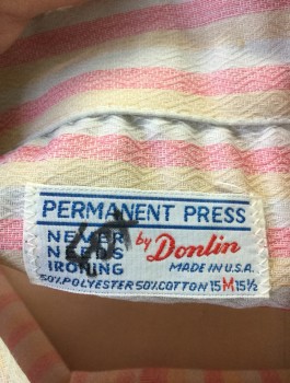 DONLIN, Peach Orange, White, Pink, Poly/Cotton, Stripes - Vertical , Self Diamond Texture Crepe, Short Sleeve Button Front, Collar Attached, 1 Patch Pocket,