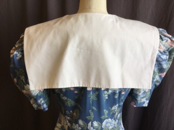 MTO, Slate Blue, Lt Blue, Pink, Sage Green, Off White, Cotton, Polyester, Floral, Short Puffy Sleeves, Large White Collar, V-neck, Large White Buttons At Front, A-Line Skirt, Knee Length, Nicely Homemade In 1992