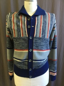 Mens, Sweater, CHESS KING, Navy Blue, Gray, Cream, Rose Pink, Raspberry Pink, Acrylic, Stripes - Horizontal , Stripes - Vertical , L, Cardigan, Rib Knit Trim Collar Waistband and Cuffs, Little Aged,