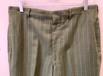 Mens, 1960s Vintage, Suit, Pants, HAMPTON PARK, Olive Green, Mustard Yellow, Wool, Stripes - Pin, Ins:26, W:32, Flat Front, Slim Leg, Zip Fly, 4 Pockets, Belt Loops,