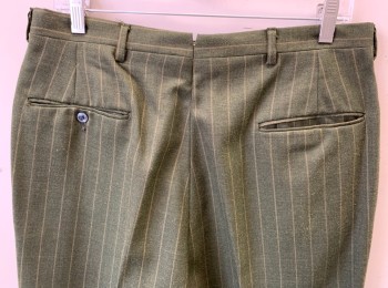 Mens, 1960s Vintage, Suit, Pants, HAMPTON PARK, Olive Green, Mustard Yellow, Wool, Stripes - Pin, Ins:26, W:32, Flat Front, Slim Leg, Zip Fly, 4 Pockets, Belt Loops,