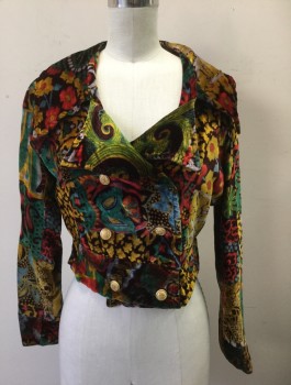 N/L, Multi-color, Brown, Red, Green, Yellow, Cotton, Abstract , Velour, Abstract Squares with Flowers, Dots, Swirls, Paisley, Etc, Double Breasted, Wide Collar Attached & Lapel, Gold Embossed Buttons, Brown Silk Lining