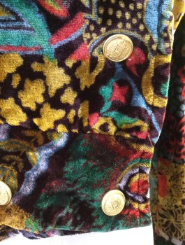 N/L, Multi-color, Brown, Red, Green, Yellow, Cotton, Abstract , Velour, Abstract Squares with Flowers, Dots, Swirls, Paisley, Etc, Double Breasted, Wide Collar Attached & Lapel, Gold Embossed Buttons, Brown Silk Lining