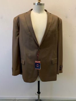 Mens, Suit, Jacket, CARLO LUSSO, Lt Brown, Polyester, Rayon, Solid, 44/34, 54XL, Single Breasted, 2 Buttons, Notched Lapel, 3 Pockets, 2 Back Vents