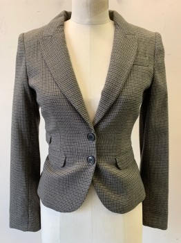 H&M, Tobacco Brown, Black, Gray, Polyester, Viscose, Houndstooth, Fitted, Peaked Lapel, 2 Buttons, 3 Pockets, Padded Shoulders