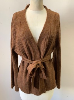 PROLOGUE, Chestnut Brown, Ochre Brown-Yellow, Olive Green, Acrylic, Nylon, 2 Color Weave, Long Sleeves, Rib Knit, Matching Belt,
