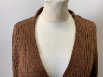 Womens, Cardigan Sweater, PROLOGUE, Chestnut Brown, Ochre Brown-Yellow, Olive Green, Acrylic, Nylon, 2 Color Weave, XS, Long Sleeves, Rib Knit, Matching Belt,