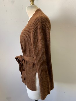 PROLOGUE, Chestnut Brown, Ochre Brown-Yellow, Olive Green, Acrylic, Nylon, 2 Color Weave, Long Sleeves, Rib Knit, Matching Belt,