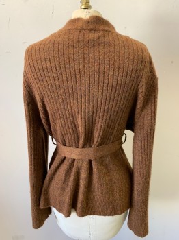 Womens, Cardigan Sweater, PROLOGUE, Chestnut Brown, Ochre Brown-Yellow, Olive Green, Acrylic, Nylon, 2 Color Weave, XS, Long Sleeves, Rib Knit, Matching Belt,