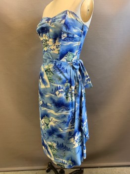 Royal Hawaiian, Blue, Lt Blue, White, Sage Green, Polyester, Asian Inspired Theme, Strapless, Sweetheart Neckline, Pleated Chest, Wraparound with Side Tie, Side Zipper,