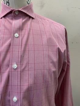 Mens, Casual Shirt, BUTTONED DOWN, Red, White, Polyester, Cotton, Plaid, 33, 15, L/S, Button Front, Collar Attached,