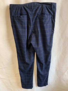 Mens, Slacks, OXFORD TROUSER, Navy Blue, Olive Green, Polyester, Viscose, Plaid, L28, W33, Pleated Front, Zip Front, Button Closure, 4 Pockets