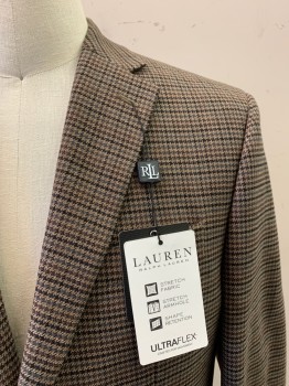 Mens, Sportcoat/Blazer, RLL RALPH LAUREN, Brown, Dk Beige, Multi-color, Polyester, Viscose, Houndstooth, Plaid, 40R, Single Breasted, 2 Buttons, Notched Lapel, 3 Pockets,
