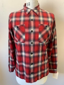 Mens, Casual Shirt, RALPH LAUREN, Red, Cream, Lt Gray, Black, Cotton, Plaid, M, Long Sleeves, Button Front, Collar Attached, 2 Pockets,
