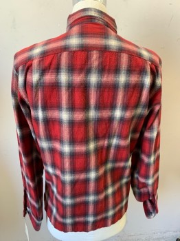 Mens, Casual Shirt, RALPH LAUREN, Red, Cream, Lt Gray, Black, Cotton, Plaid, M, Long Sleeves, Button Front, Collar Attached, 2 Pockets,