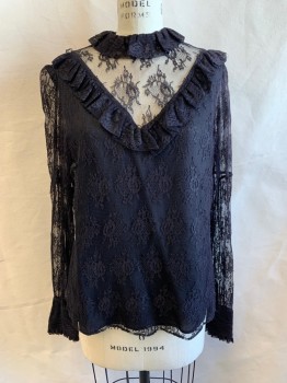 EVELYN DEJONGE, Black, Nylon, Polyester, All Over Lace, Black Solid Under Shirt, Mock Neck, Ruffle Neck, Rufles Over Bust, L/S, Buttons at Cuffs, Key Hole Back, Victorian Theme