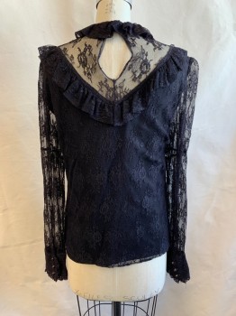 EVELYN DEJONGE, Black, Nylon, Polyester, All Over Lace, Black Solid Under Shirt, Mock Neck, Ruffle Neck, Rufles Over Bust, L/S, Buttons at Cuffs, Key Hole Back, Victorian Theme
