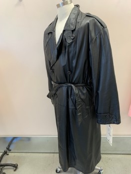 Mens, Leather Jacket, WEAR ME OUT, Black, Leather, Solid, C40, M, Double Breasted, Epaulets, with Self Tie Belt, Trench Coat, 2 Pckts, Oversized