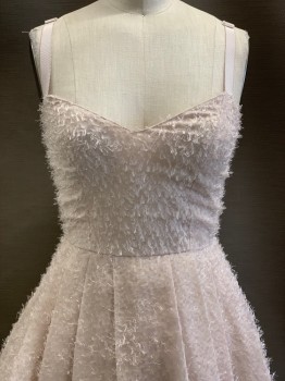 FRENCH CONNECTION, Ice Pink, Polyester, Textured Fabric, Adjustable Neck Strap, Sweetheart Neckline, Fuzzy Texture, Pleated Skirts, Back Bow, Back Zipper,