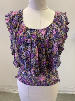 Womens, Top, N/L, Purple, Pink, Navy Blue, Gray, Cotton, Floral, B: 40, Slvls, Low Scoop Neck Ruffle Tier Top,