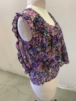 Womens, Top, N/L, Purple, Pink, Navy Blue, Gray, Cotton, Floral, B: 40, Slvls, Low Scoop Neck Ruffle Tier Top,