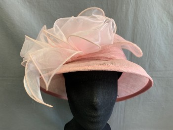 Womens, Hat , JUNE'S YOUNG, Pink, Buckram, Synthetic, 7 1/8, Ribbon Flower, Buckrum Fraying On Crown See Detail Photo,