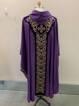 Unisex, Piece 1, HAFTINA, Purple, Gold, Polyester, Solid, Floral, O/S, ROBE, Folded Collar, Dark Purple Velour, Gold Embroidery,