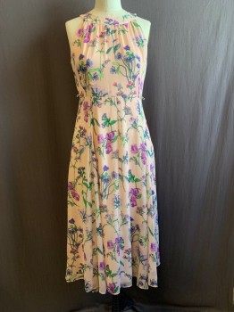 Womens, Dress, Sleeveless, N/L, Pink, Multi-color, Polyester, Floral, W30, B34, Round Neck, Zip Back, Hem Mid-calf