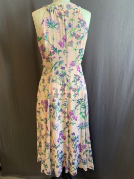 Womens, Dress, Sleeveless, N/L, Pink, Multi-color, Polyester, Floral, W30, B34, Round Neck, Zip Back, Hem Mid-calf