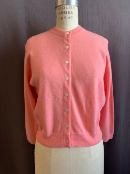 I. MAGNIN BALLANTYNE, Pink, Cashmere, Solid, CARDIGAN, Round Neck, Button Front