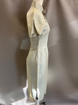 Womens, Dress, RENEE, Taupe, Silk, Solid, W24, B32, Mandarin Collar, S/S,  Right Side Opening With Snaps.  Side Zipper, Slits At Hem