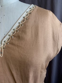 NL, Beige, Linen, Solid, V-N, S/S, Silver Beading And Clear Rstones On V-N And 2 Pockets, Side Zipper,