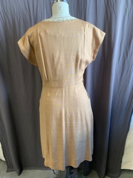 NL, Beige, Linen, Solid, V-N, S/S, Silver Beading And Clear Rstones On V-N And 2 Pockets, Side Zipper,