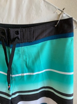 Mens, Swim Trunks, QUICKSILVER, Teal Green, Yellow, Black, Multi-color, Polyester, Elastane, Stripes, W28, Lace Up Waistband, Velcro Fly, Zipper Pocket