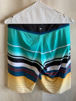 Mens, Swim Trunks, QUICKSILVER, Teal Green, Yellow, Black, Multi-color, Polyester, Elastane, Stripes, W28, Lace Up Waistband, Velcro Fly, Zipper Pocket