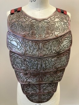 Mens, Breastplate, ROBERT ALLSOPP, Silver, Dk Red, Pewter Gray, Metallic/Metal, Abstract , O/S, Embossed Metal Plates, Brass Studs, Shoulder Straps With Red Bands,