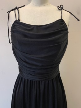 Womens, Evening Gown, NO LABEL, Black, Polyester, Solid, W24, B32, Spaghetti Strap with Ties, Scoop Neck, Draped Chest, Side Highlow Bottom, Side Zipper