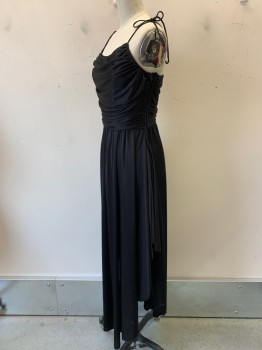 Womens, Evening Gown, NO LABEL, Black, Polyester, Solid, W24, B32, Spaghetti Strap with Ties, Scoop Neck, Draped Chest, Side Highlow Bottom, Side Zipper