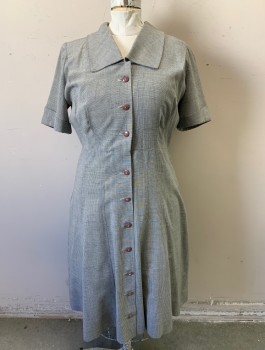CLASSIC LADY, Gray, Charcoal Gray, Cotton, Check - Micro , Short Sleeves with Cuffed Arm Openings, Shirtwaist with Brown Buttons with Jeweled Centers, Collar Attached, A-Line, Knee Length,