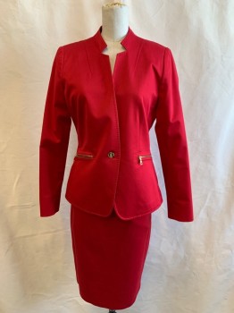 Womens, Suit, Jacket, Tahari, Red, Gold, Cotton, Polyester, Solid, 4, Button Front, 1 Button, 2 Zip Pockets