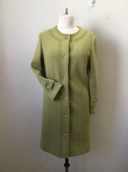 Womens, 1960s Vintage, Suit, Jacket, N/L, Chartreuse Green, Wool, Polyester, Solid, W29, B36, Coat. of Muted Chartreuse GreenWool Jersey with Olive Green Trim Lines. Poly Lining in Turmeric with Brown & Green Paisley Print. 6 Gold Button Front Single Breasted, Button Down Tabs at Cuffs.some Damage to Left Neck Front
