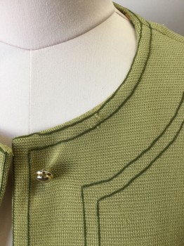 Womens, 1960s Vintage, Suit, Jacket, N/L, Chartreuse Green, Wool, Polyester, Solid, W29, B36, Coat. of Muted Chartreuse GreenWool Jersey with Olive Green Trim Lines. Poly Lining in Turmeric with Brown & Green Paisley Print. 6 Gold Button Front Single Breasted, Button Down Tabs at Cuffs.some Damage to Left Neck Front