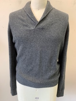 Mens, Pullover Sweater, PIATTELLI, Charcoal Gray, Wool, Cashmere, Solid, Heathered, L, Shawl Collar, Long Sleeves, Rib Knit Collar Cuffs and Waistband,