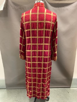 Unisex, Sci-Fi/Fantasy Robe, N/L, Red Burgundy, Gold, Raspberry Pink, Silk, Plaid, Textured Fabric, 42, Stand Collar, Wrap String On Left Shoulder