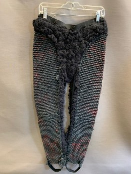 N/L, Black, Wool, Cotton, Textured Fabric, Elastic Waist Band with  Buttons ,rope Texture Detail with Woven  Red Iridescent  Detail  & Black Fuzzy Clusters, In Front  And Back, Black Stir-ups Attached