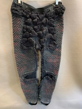 Mens, Sci-Fi/Fantasy Pants, N/L, Black, Wool, Cotton, Textured Fabric, 32, 32, Elastic Waist Band with  Buttons ,rope Texture Detail with Woven  Red Iridescent  Detail  & Black Fuzzy Clusters, In Front  And Back, Black Stir-ups Attached