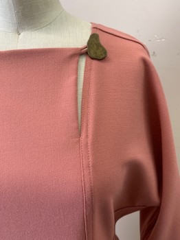 Womens, Dress, Long & 3/4 Sleeve, SEA, Mauve Pink, Wool, Polyester, Solid, 2, Square/Asymmetrical Neck, Abstract Gold Button, Elastic Cuffs, Zip Back,