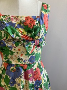 N/L, Green/ Multi-color, Floral Print, Squared Neck, Sleeveless, Ruched Bust With Side Bow, Back Zip